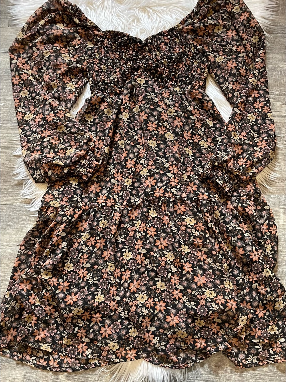 Maurices Black Floral Puff-Sleeve Smocked Midi Dress with Peach and Cream Blooms